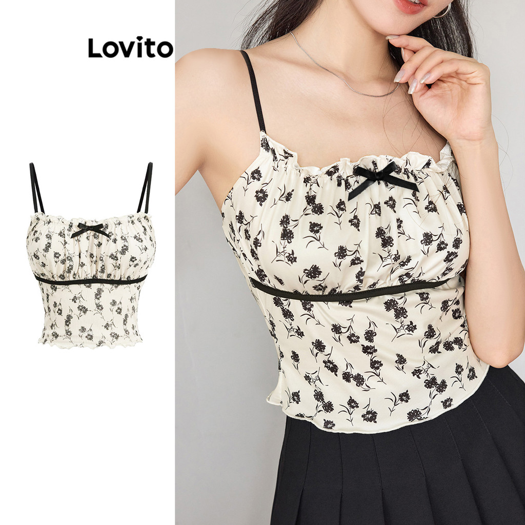 Lovito Regata Boho Ditsy floral com acabamento em alface para mulheres L91ED480 - Women Clothes