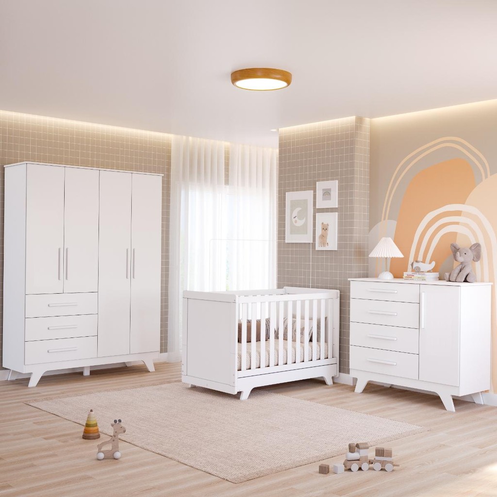 Quarto Bebê Retrô Completo com Guarda Roupa 4 Portas Berço Mini Cama Cômoda 4 Gavetas - Mom & Baby