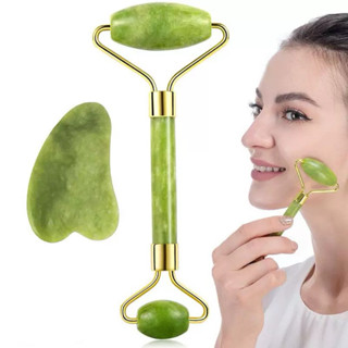 kit Rolo Pedra de Jade Placa Gua Sha Massagem Facial Anti Ruga -Facíal Massage Roller em Oferta na Shopee