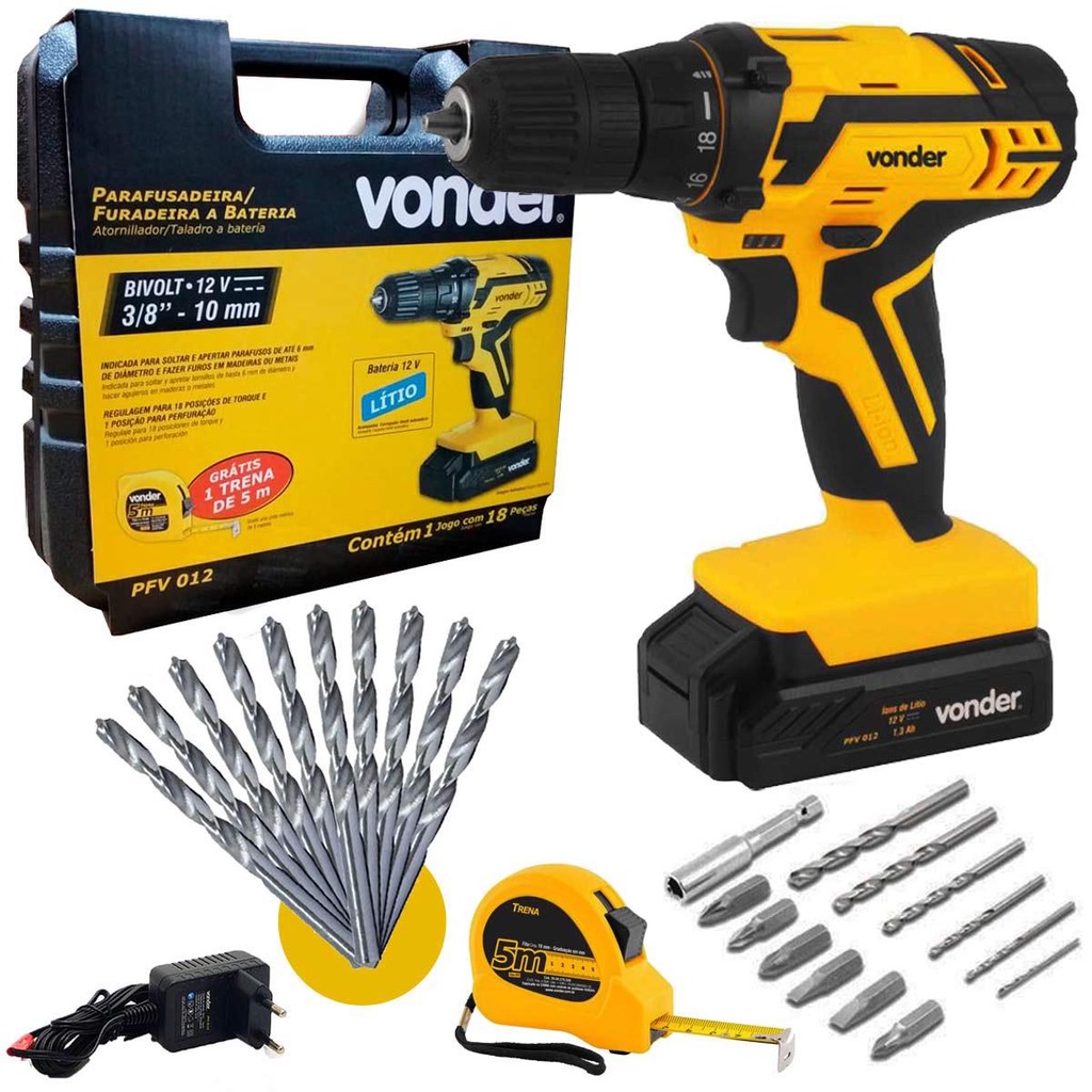 Furadeira e Parafusadeira Bateria 12V BIVOLT PFV 012 Com Kit Brocas, Bits e Trena VONDER em Oferta na Shopee