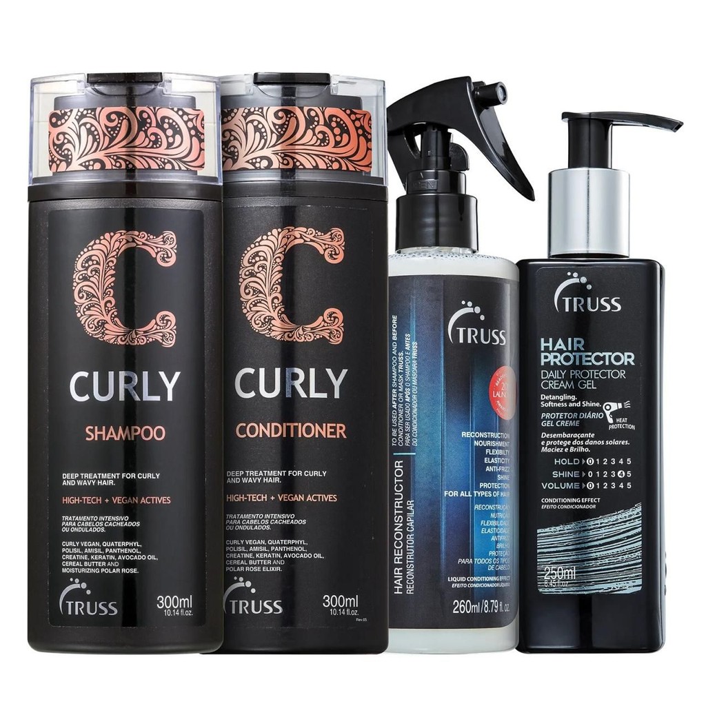 Kit Truss Curly  - Shampoo 300ml + Condicionador 300ml + Uso Obr. Reconstrutor Capilar 260ml + Hair Protector 250ml