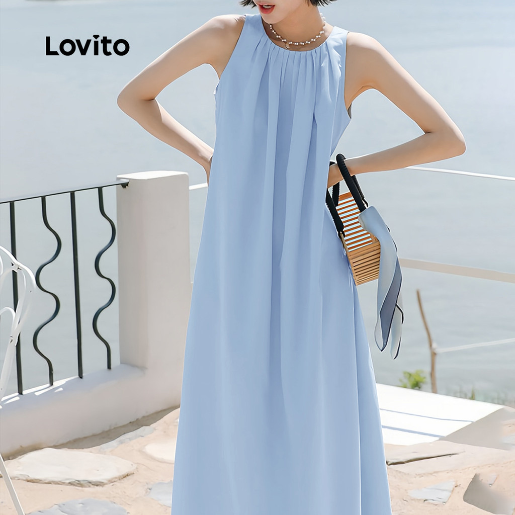Detalhes do Lovito Vestido Casual Tricotado em Azul Claro para Primavera e Verão L137LD050