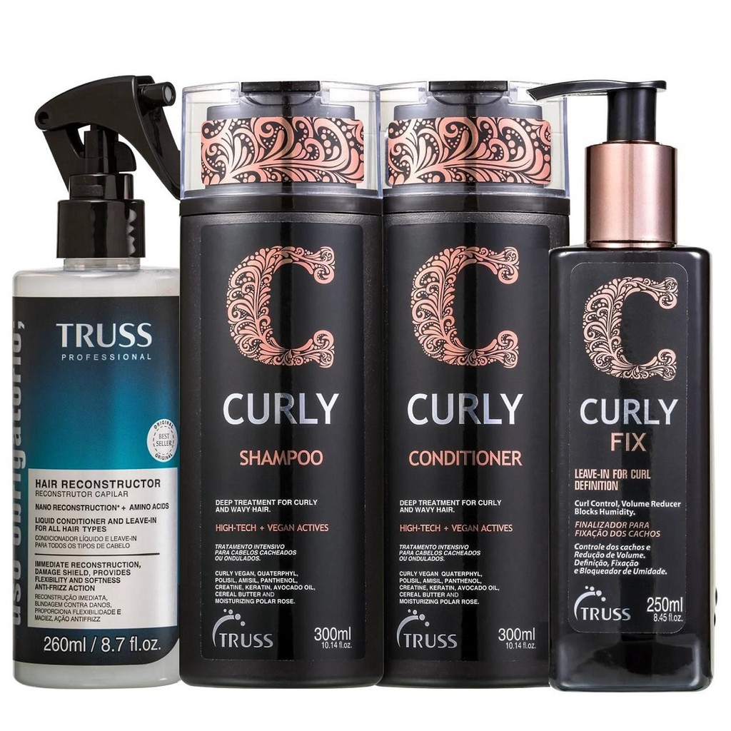 Kit Truss Curly  - Shampoo 300ml + Condicionador 300ml + Uso Obr. Reconstrutor Capilar 260ml + Fix Leave in 250ml