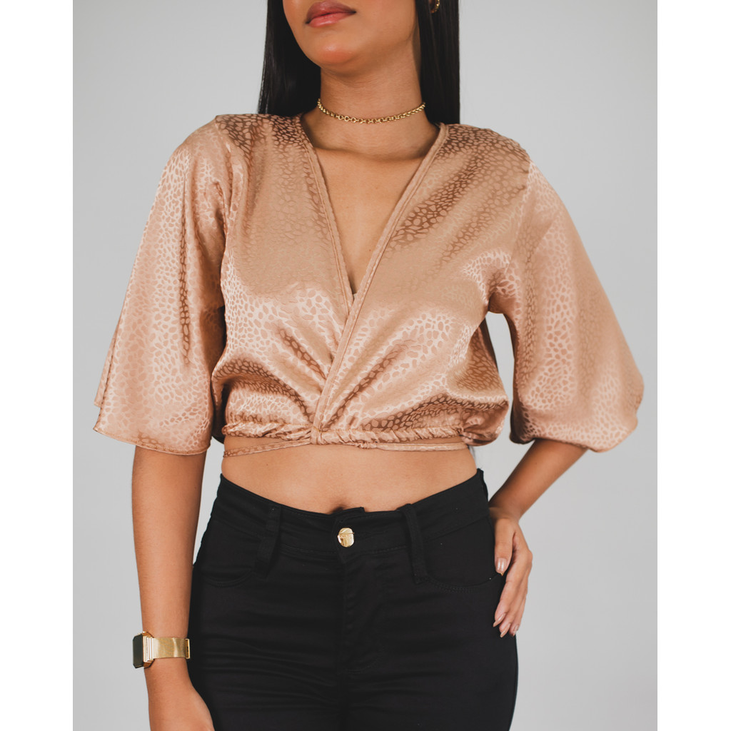 Blusa Cropped Cetim Estampada Dink Do
