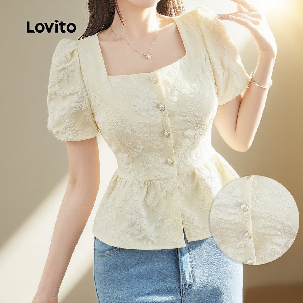 Lovito Blusa Casual Botão Frontal Franzido Boa Textura Primavera/Verão Blusa Damasco Para Mulheres L137LD339 - Women Clothes
