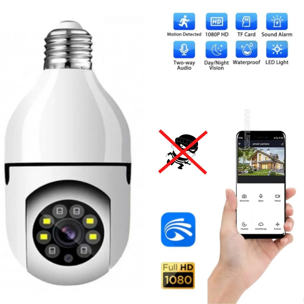 Câmera De Segurança Wifi Ip Smart 360° Lâmpada E27 Espia Visão Noturna