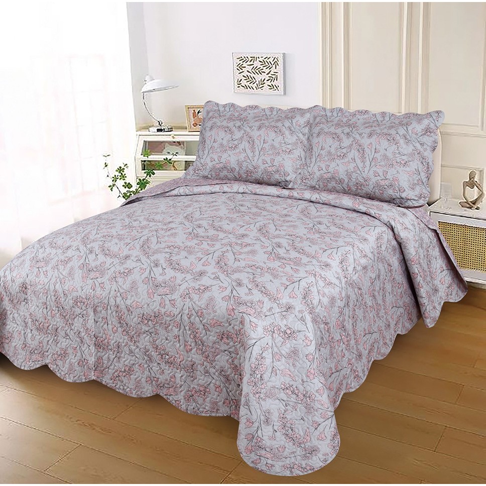 Kit Colcha Casal Floral Cinza Rosa Londrina 3 Peças Dupla Face Jolitex