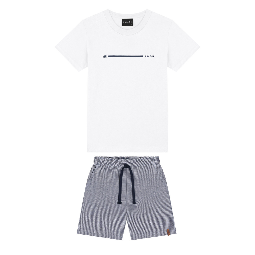 Conjunto Infantil Camiseta Branca Meia Malha e Bermuda Listrada Azul Kamylus
