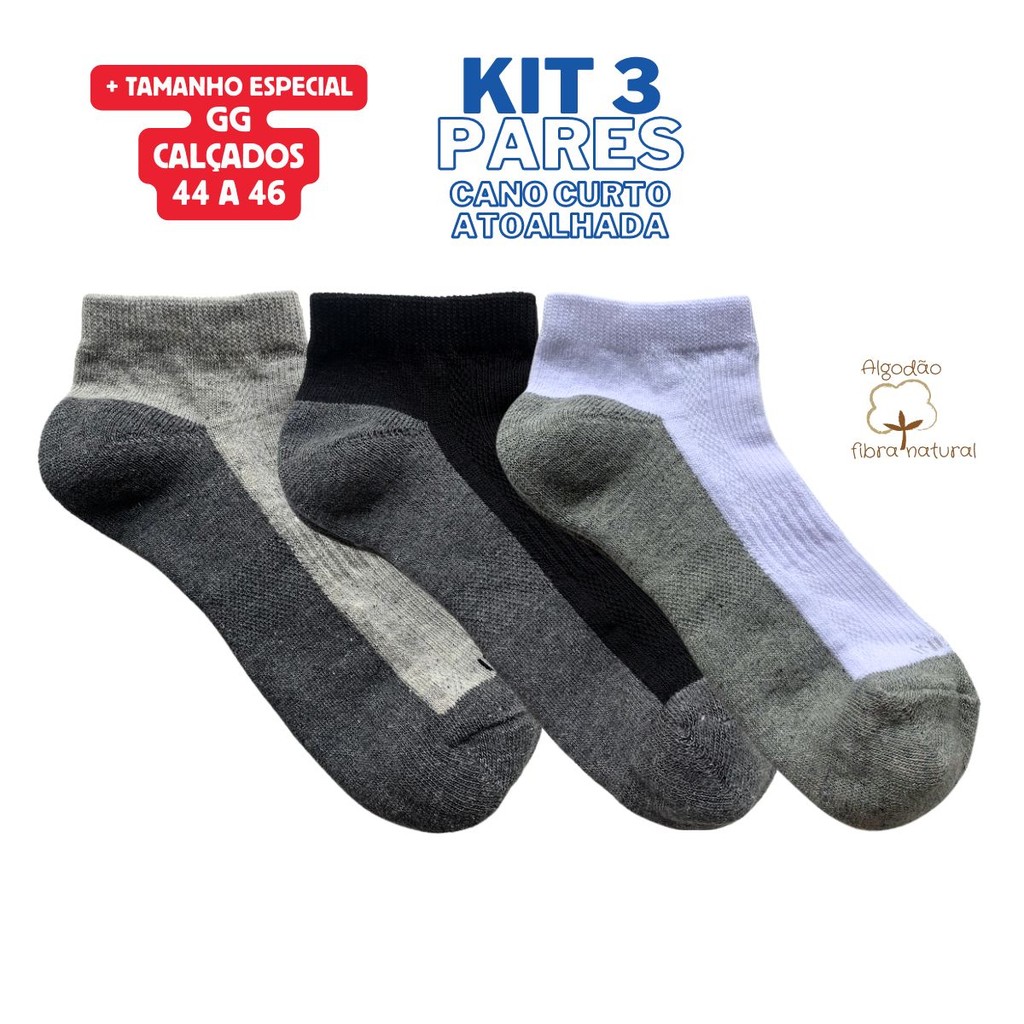 Kit 3 Meia Cano Curto Algodão Atoalhada Esporte Academia Lazer