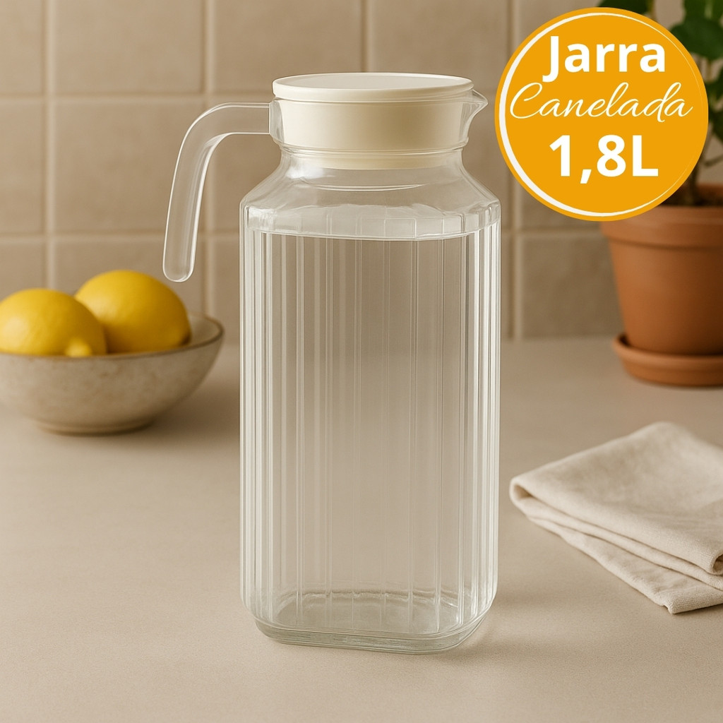 Jarra Canelada de Vidro 1,8L com Tampa Plástica | Ideal para Sucos, Água e Bebidas Geladas em Oferta na Shopee