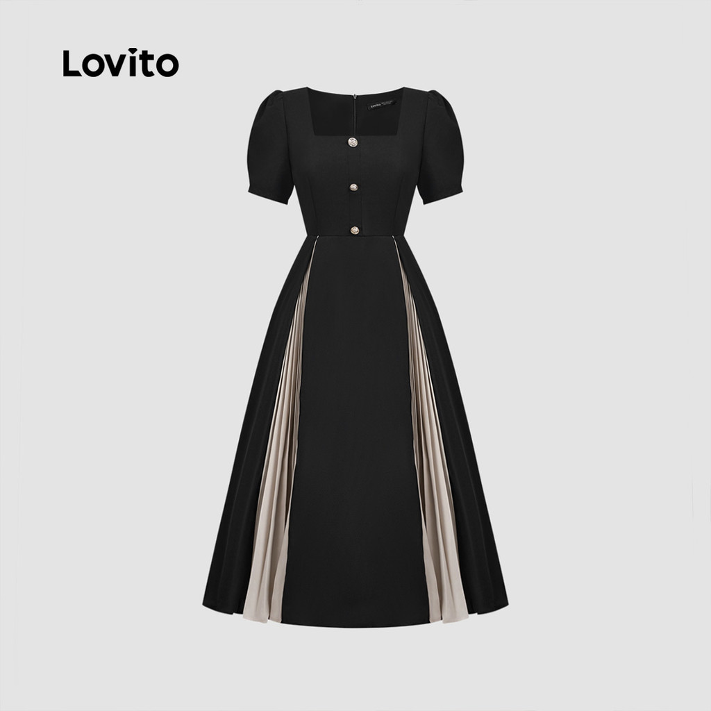 (Trendy) Lovito Vestido Preto Elegante Liso Colorblock Plissado Primavera/Verão Para Mulheres L135A2D514 em Oferta na Shopee