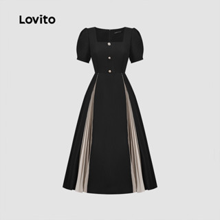 (Trendy) Lovito Vestido Preto Elegante Liso Colorblock Plissado Primavera/Verão Para Mulheres L135A2D514 em Oferta na Shopee