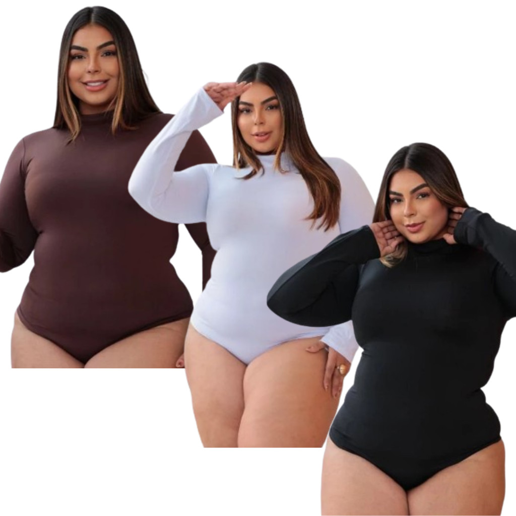 Body Plus Size Suplex Feminino Gola Alta Manga Longa Inverno Moda Premium em Oferta na Shopee