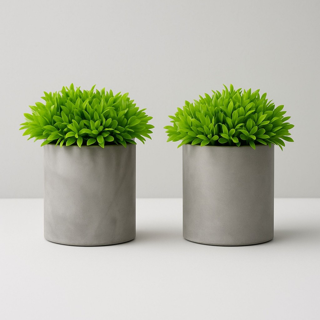 Kit 2 Mini Vasos Cachepot Cimento Fosco e Planta Artificial