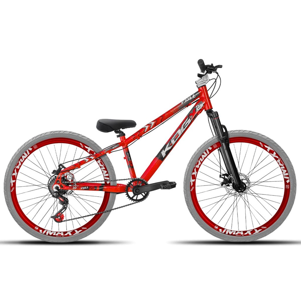Bicicleta aro 26 KOG Freeride 1x7 Vermelho Vmaxx Vermelho - Pneus Cinza - Mesa Curta Prata - Guidão Prata
