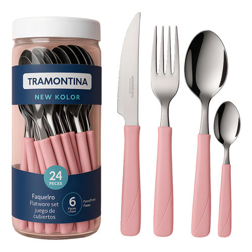 Faqueiro Tramontina New Kolor com Lâminas em Aço Inox e Cabos de Polipropileno Rosa 24 Peç...