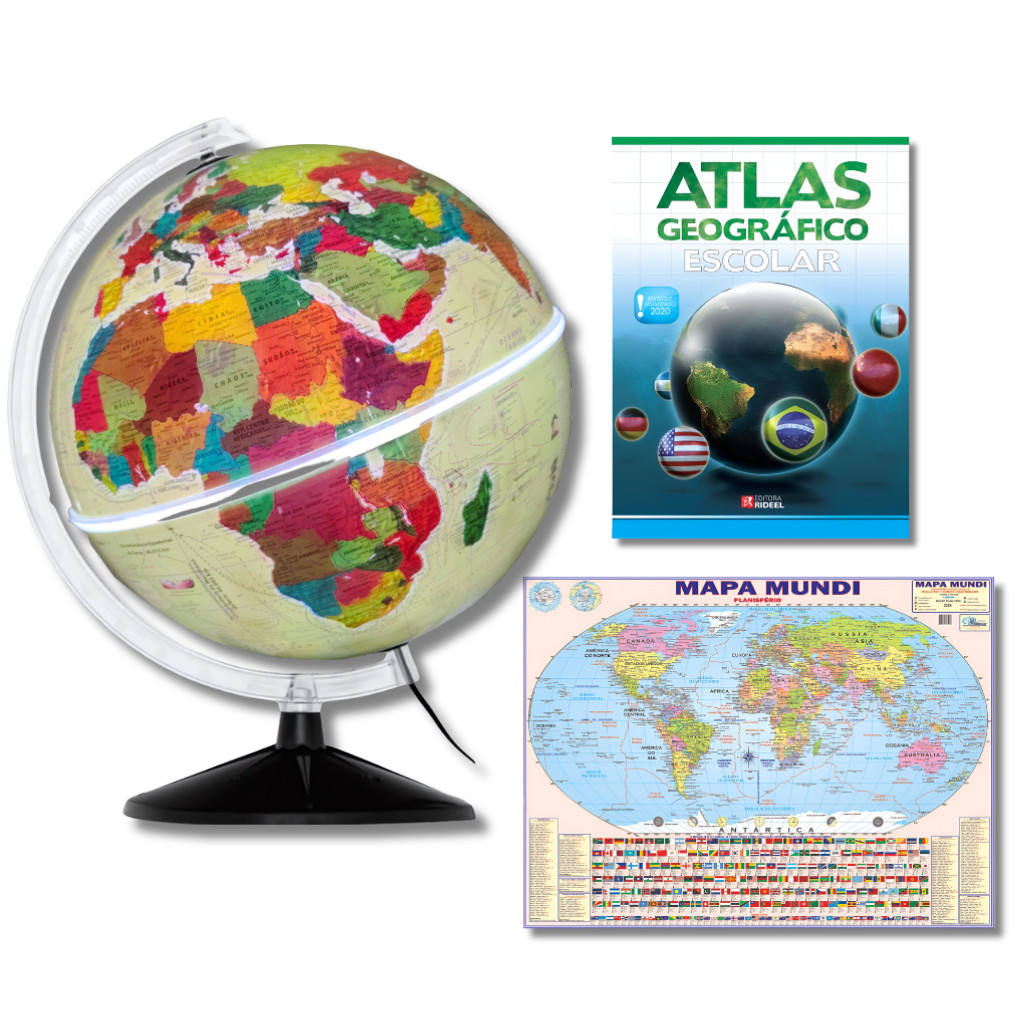 Globo Terrestre Físico Histórico Luminoso 30cm + Mapa Mundi + Atlas
