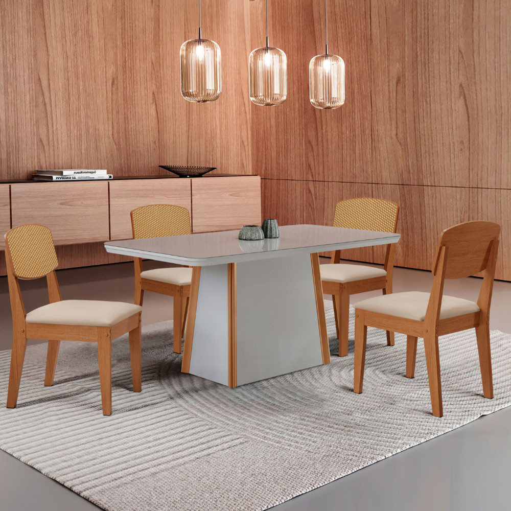 Mesa de Jantar Diane 120cm Tampo MDF Vidro com 4 Cadeiras Copper Premium Moderna Mobília