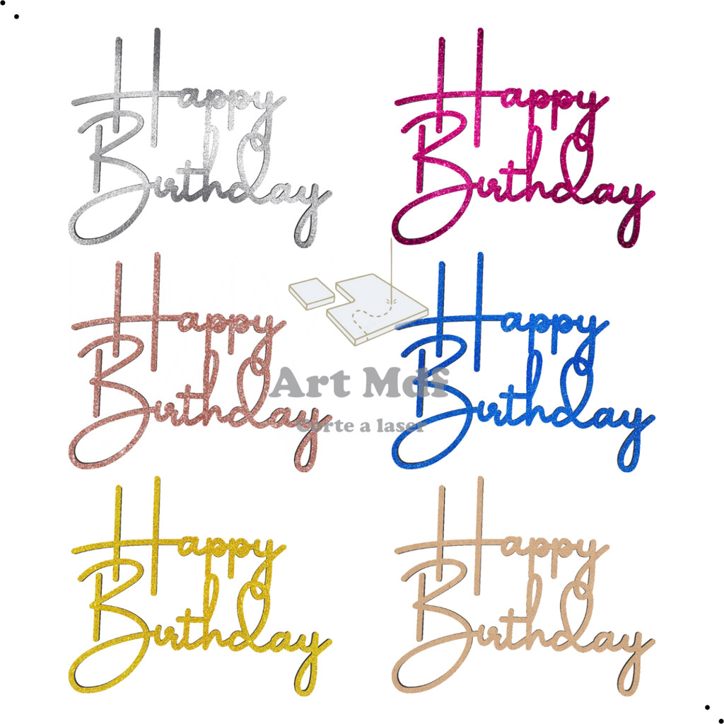 Letreiro Mdf Happy Birthday 40cm Cores Glitter Aplique Mdf Frase Painel Decorativo Festa Aniversario Decoração