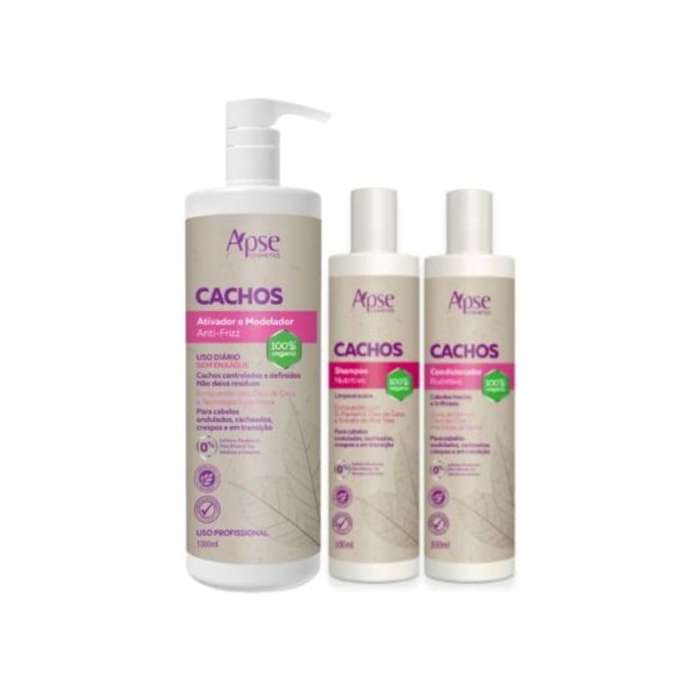 Apse Cosmetics, Kit Ativador 1L Cachos, Shampoo e Condicionador 300ml Apse