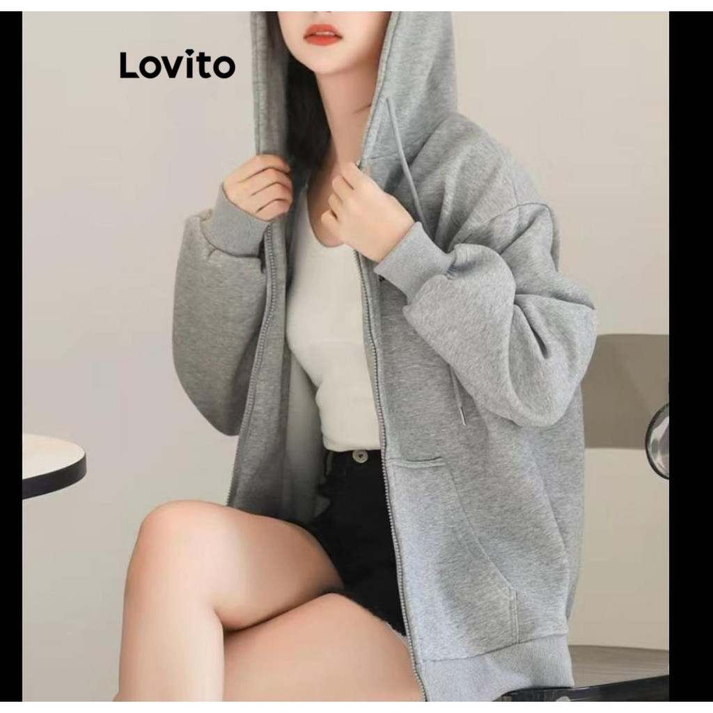 (Trendy) Lovito Jaqueta Casual Com Capuz E Zíper De Desenho Animado Para Mulheres LNA38246 (damasco/cinza claro) - Women Clothes
