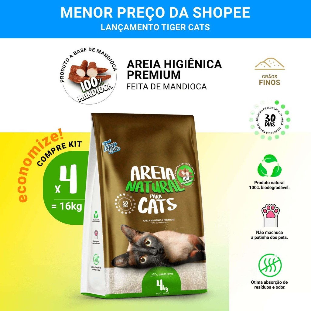 Areia Higiênica Natural Biodegradável Mandioca Para Gatos Tiger Cats Kit 16kg em Oferta na Shopee
