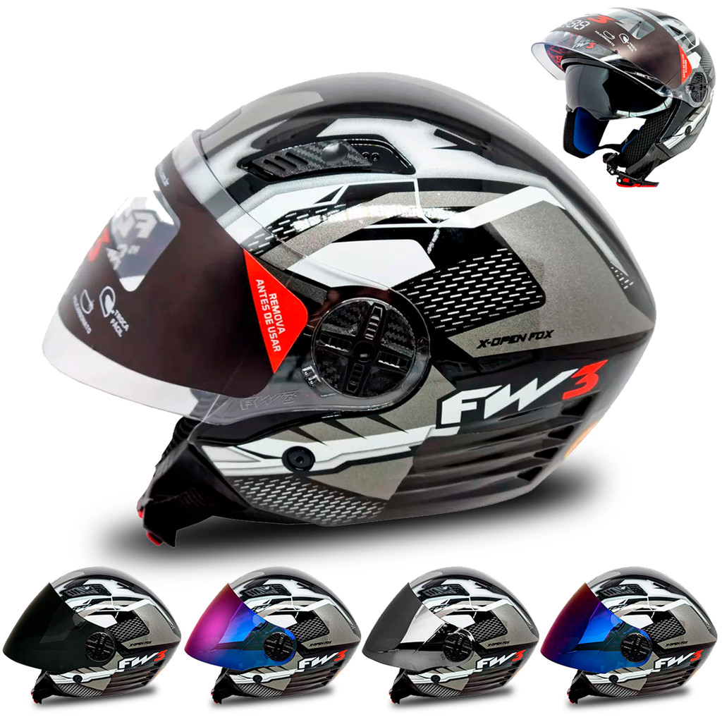 Capacete Moto Aberto X Open Up Fox Cinza Fw3 Com Óculos Interno + Viseira Colorida Fumê Camaleão Cromado Azul Cristal em Oferta na Shopee