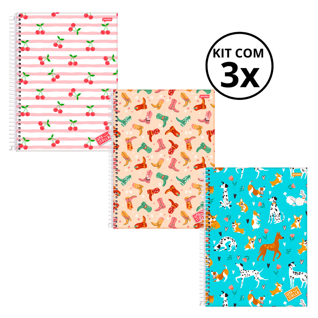Kit 03 Cadernos Universitário 1 Matéria 80 Folhas Stella - Jandaia CAPA:Cereja/Bota/Cachorro em Oferta na Shopee