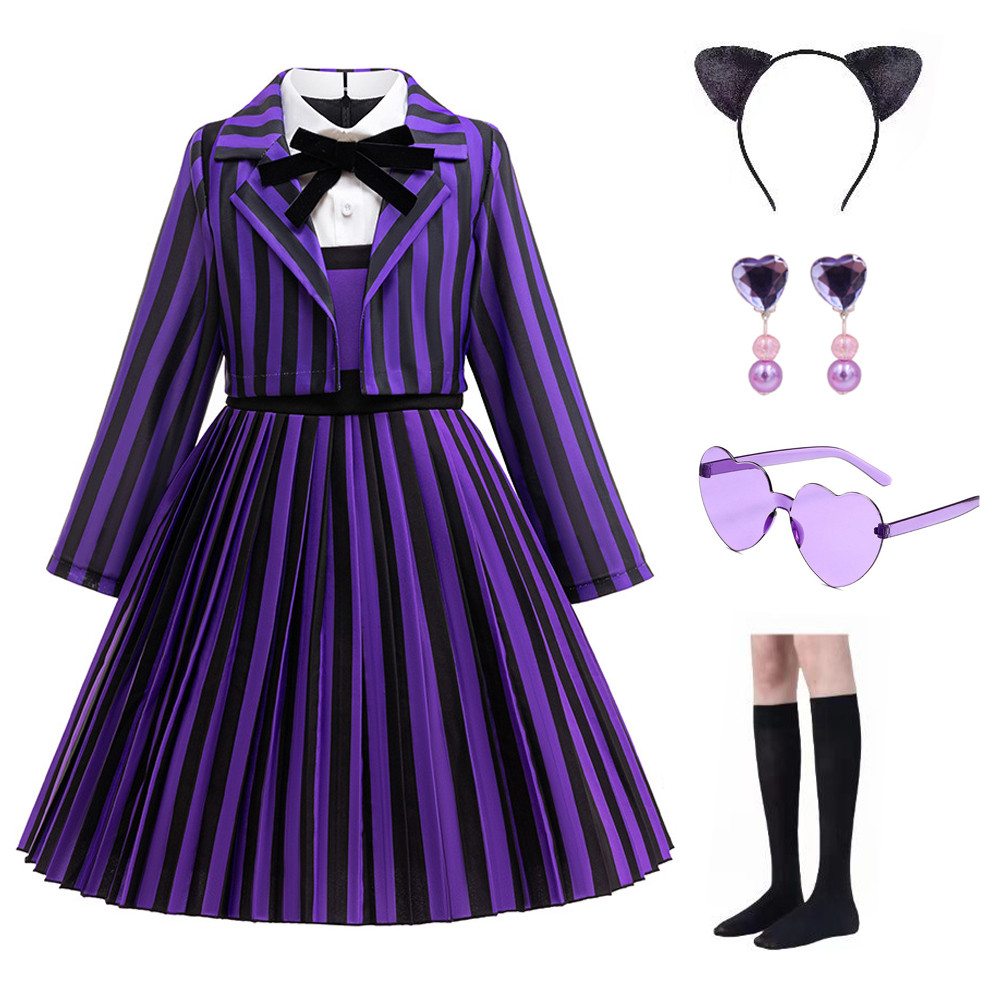 Menina Adams Cosplay Traje Quarta-Feira 2 Festa De Halloween Princesa Plissado Vestido Terno Com Casaco 2025 Wandinha 2 