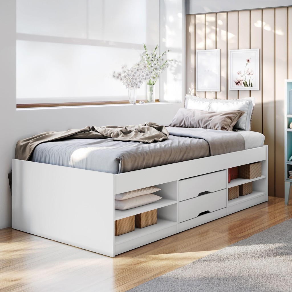 Cama Solteiro Multifuncional 2 Gavetas Kiara  Branco - Home & Living