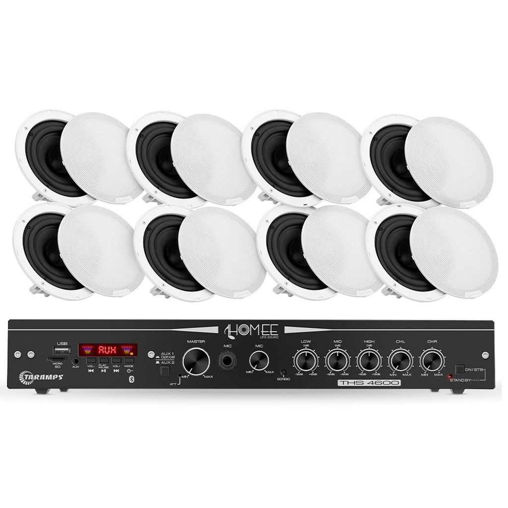 Kit Som Ambiente THS 4600 + 8 Arandelas Redonda 40w 6" Taramps Áudio Comércio Casa Home Theater