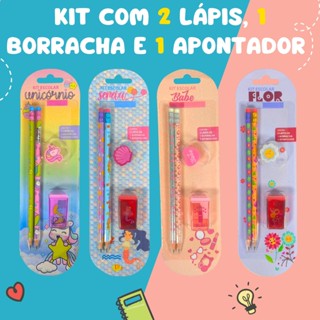 Kit Escolar Fantasia Fofo Com 2 Lápis HB, Borracha E Apontador em Oferta na Shopee