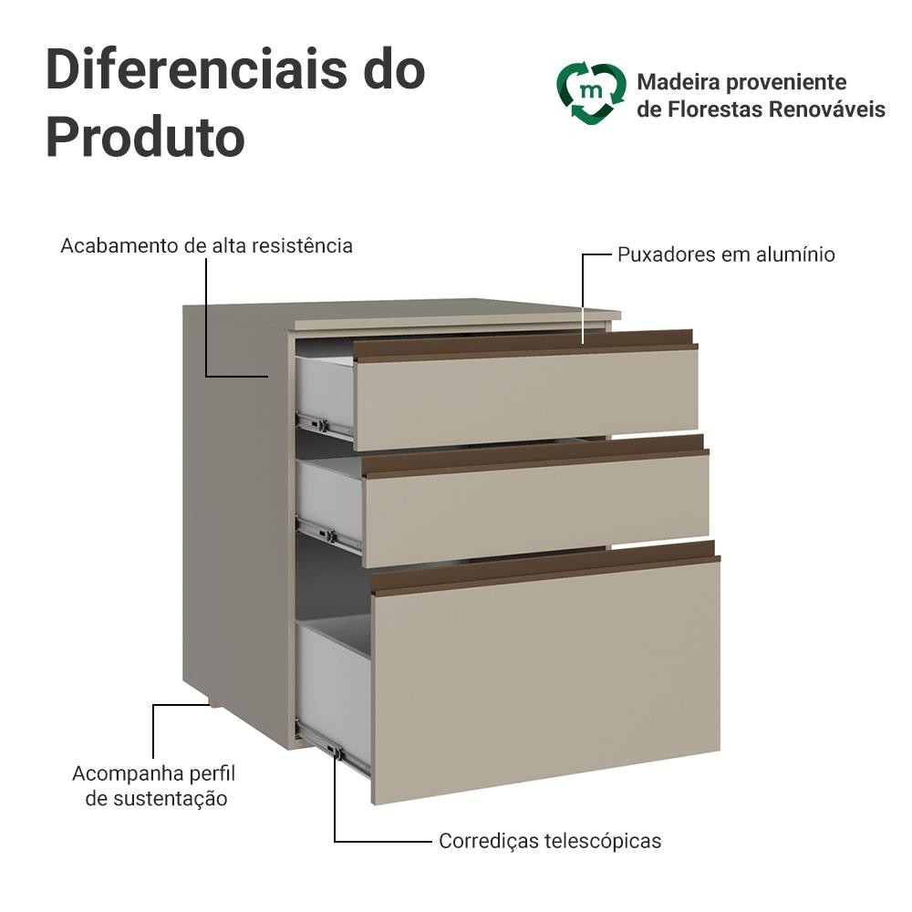 Balcão de Cozinha 60 cm 3 Gavetas Suspenso Crema Nice Madesa · foto 2