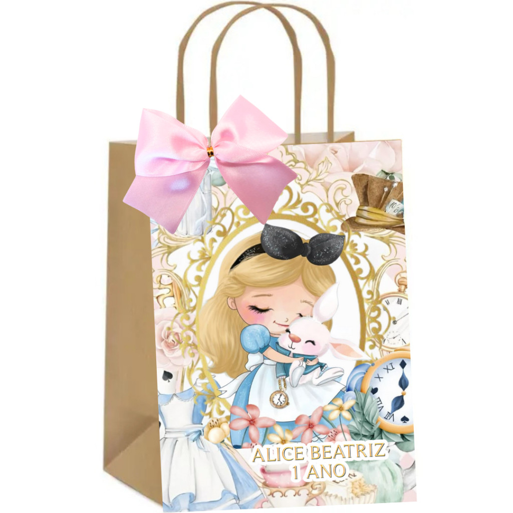 Sacolinhas Kraft Personalizadas Tema Alice No País das Maravilhas Festa de Aniversário Doces Balas Lembrancinhas