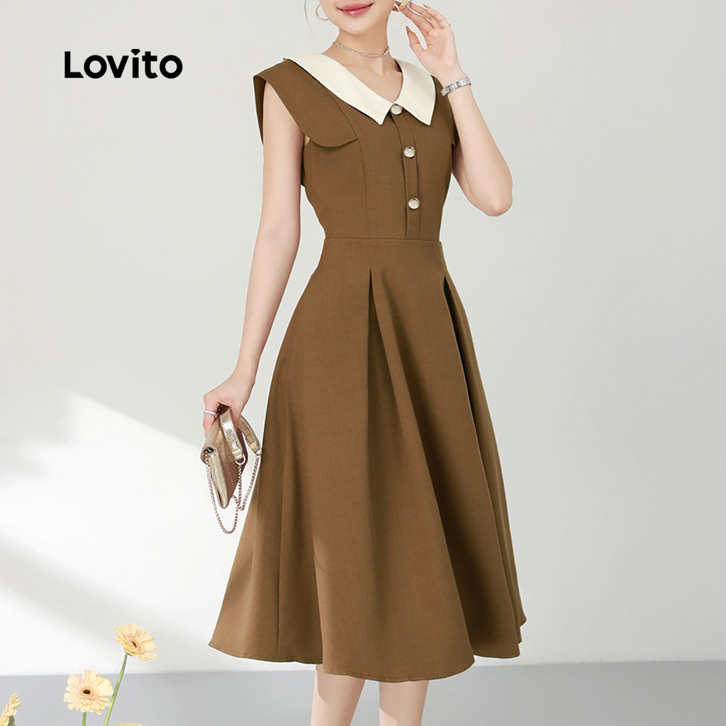 Detalhes do (New) Lovito Vestido Elegante Colorblock com Linha de Estrutura  Zíper  Primavera/verão  Vestido Cáqui L143ED290