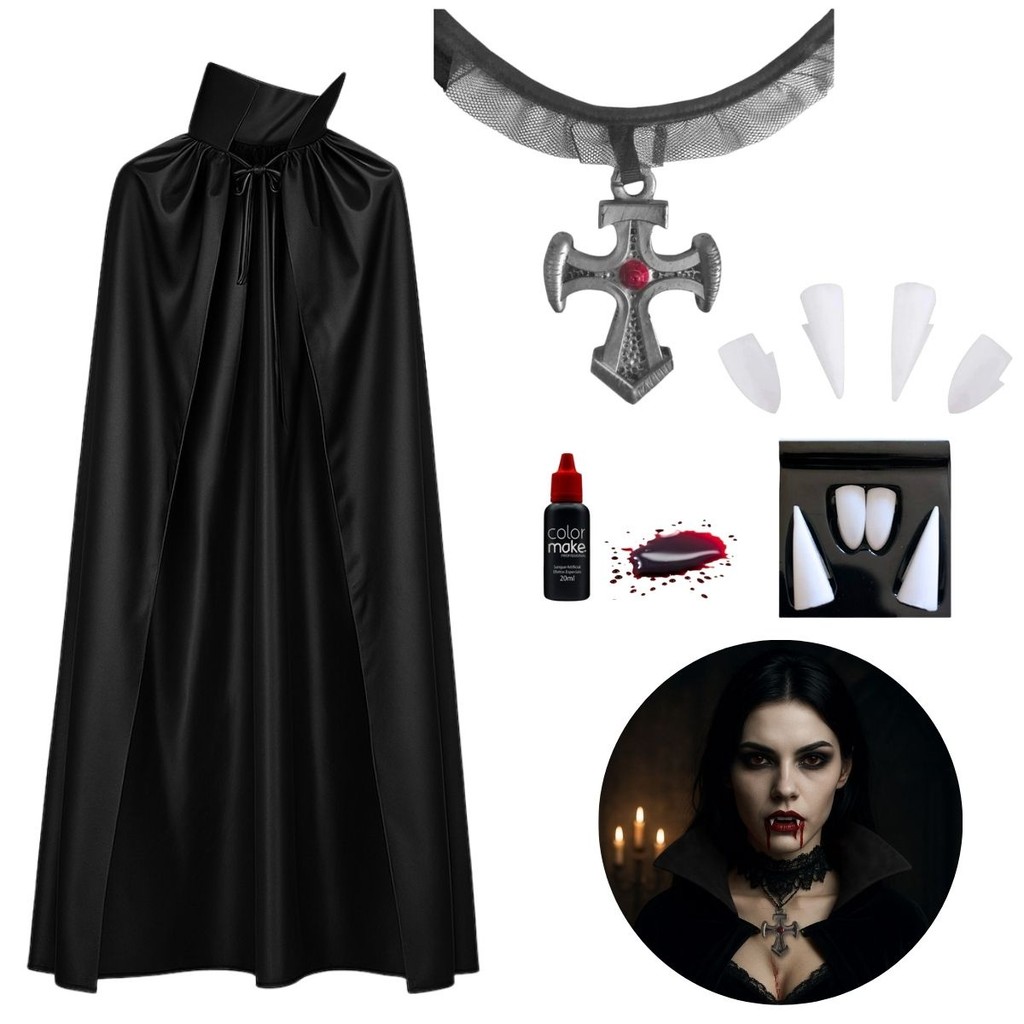 Kit Fantasia Vampira Feminino Drácula Dentes Presa Sangue Falso Colar Gargantilha Gótico Capa Preta