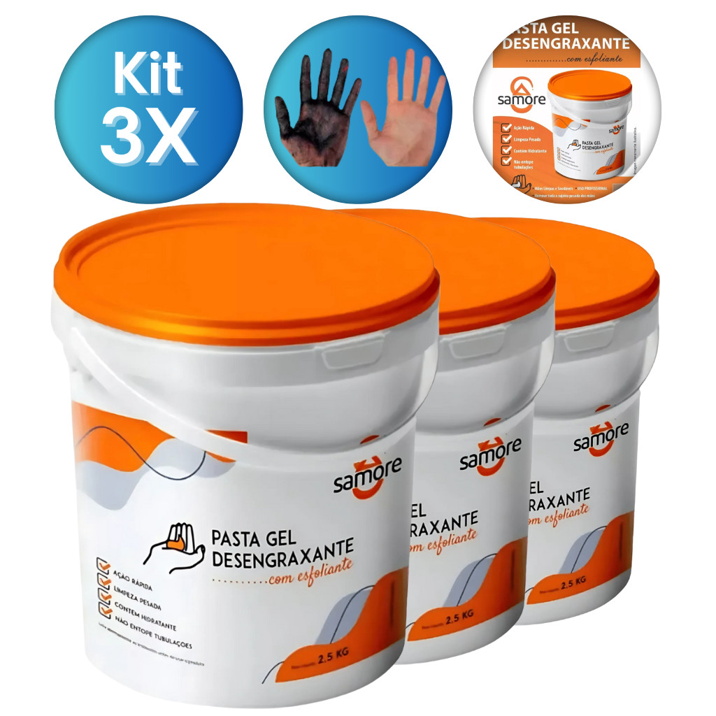 Kit 3x Pasta Gel Desengraxante Para as Mãos Balde 7,5kg Com Hidratante Ação Esfoliante Samore Limpa Graxa Das Mãos