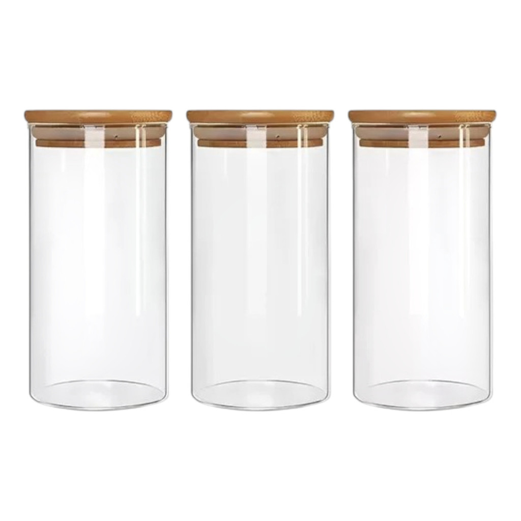 Kit 3 Potes Porta Condimentos De Vidro com de Tampa De Bambu Hermética 1.100ml em Oferta na Shopee