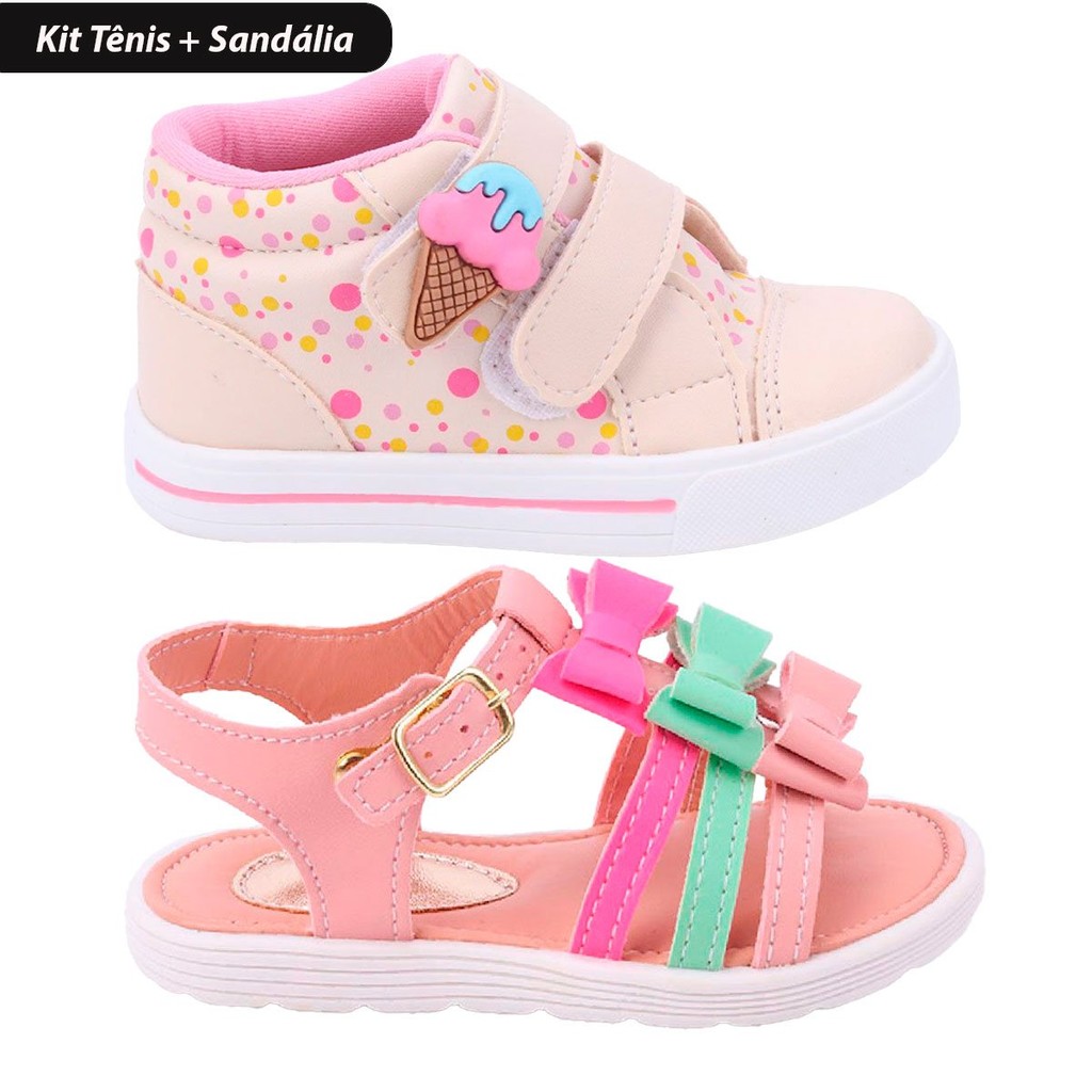 Kit 2 Pares Tênis e Sandália Infantil Feminina FanClub - Off White e Nude/Multicolorido em Oferta na Shopee