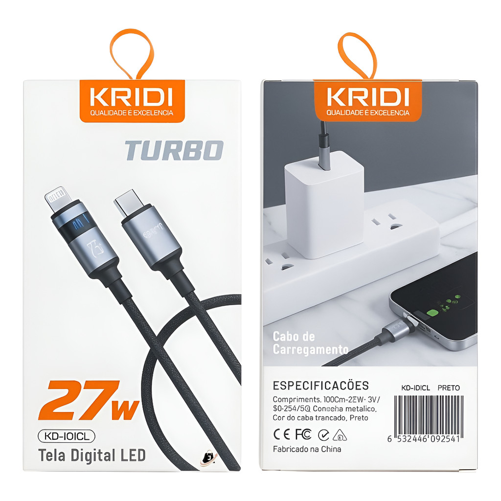 Cabo Carregador Kaidi Kd101cl 27w Visor Led Tipo-c/lightning