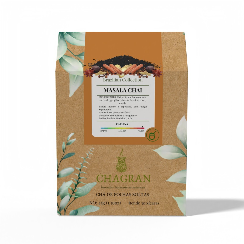 Masala chai (chá indiano) Chá preto, cardamomo, anis estrelado, gengibre, pimenta, cravo, canela