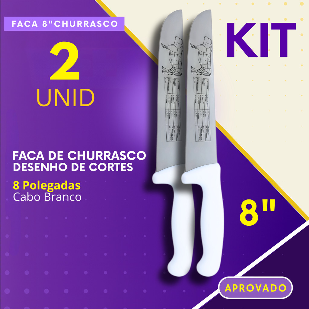 Kit 2- Facas de Churrasco 8" Faca Carne Açougue Churrascaria Cozinha Profissional Cabo Branco em Oferta na Shopee