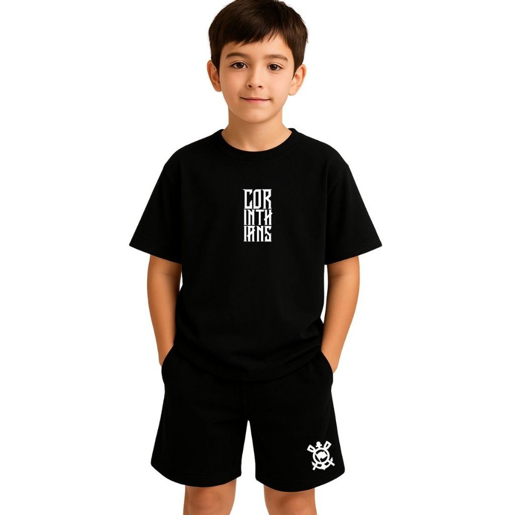 Kit Infantil Camiseta e Short Moletinho Time Timão Conjunto Blusa e Bermuda de Moletom Camisa 100% Algodão