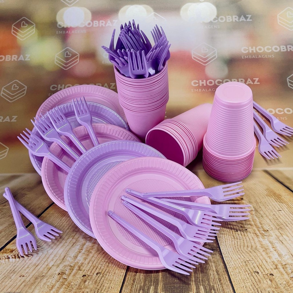 Kit Festa DESCARTAVEIS  50 CONVIDAD0S  LILÁS CANDY E ROSA CANDY GARFO + PRATO + COPO em Oferta na Shopee