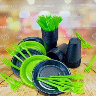 Kit Festa 50 PESSOAS DESCARTAVEIS PRETO E VERDE LIMÃO GARFO + PRATO + COPO em Oferta na Shopee