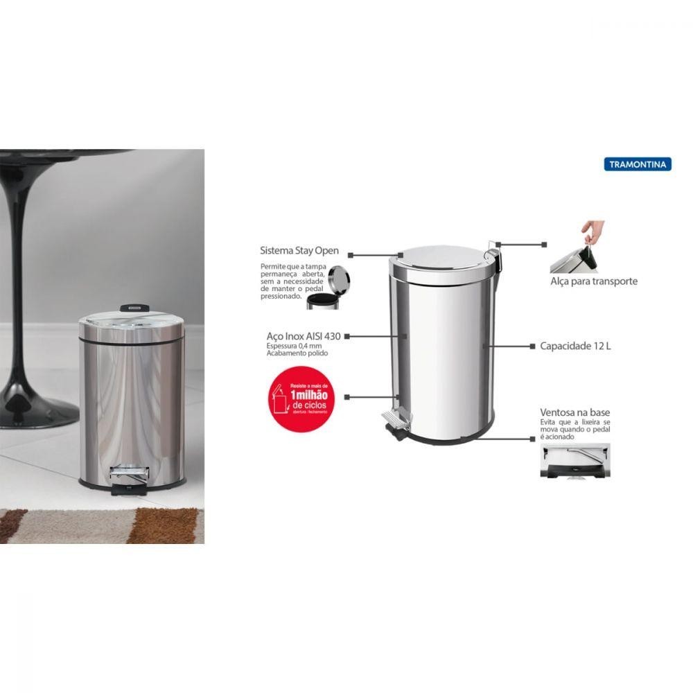 Detalhes do Lixeira Inox Tramontina 12L Com Pedal e Balde Interno