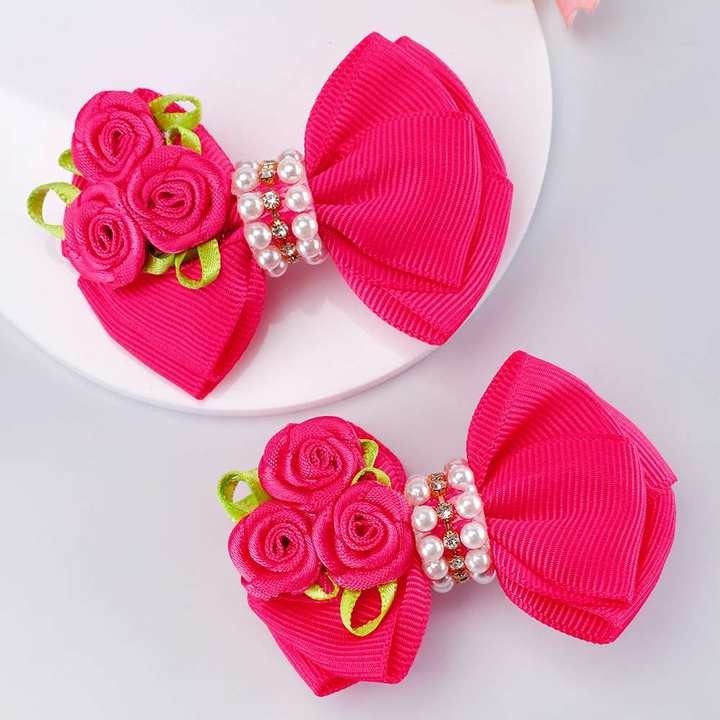 2Pcs Clipes De Cabelo Pearl Bowknot Com Grampos Rhinestone Classe Rose Para Crianças
