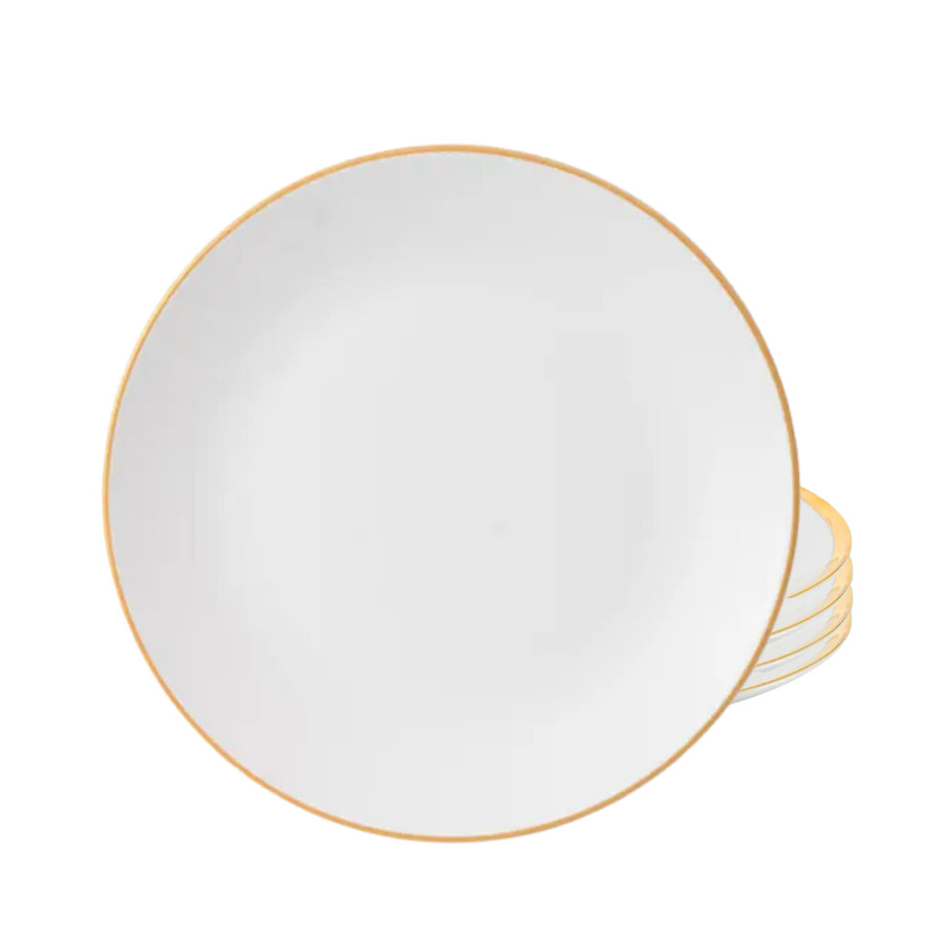 Jogo de Pratos Fundo Kit 4 Peças Porcelana 20,5cm Luxo Borda Dourada Legacy Gold