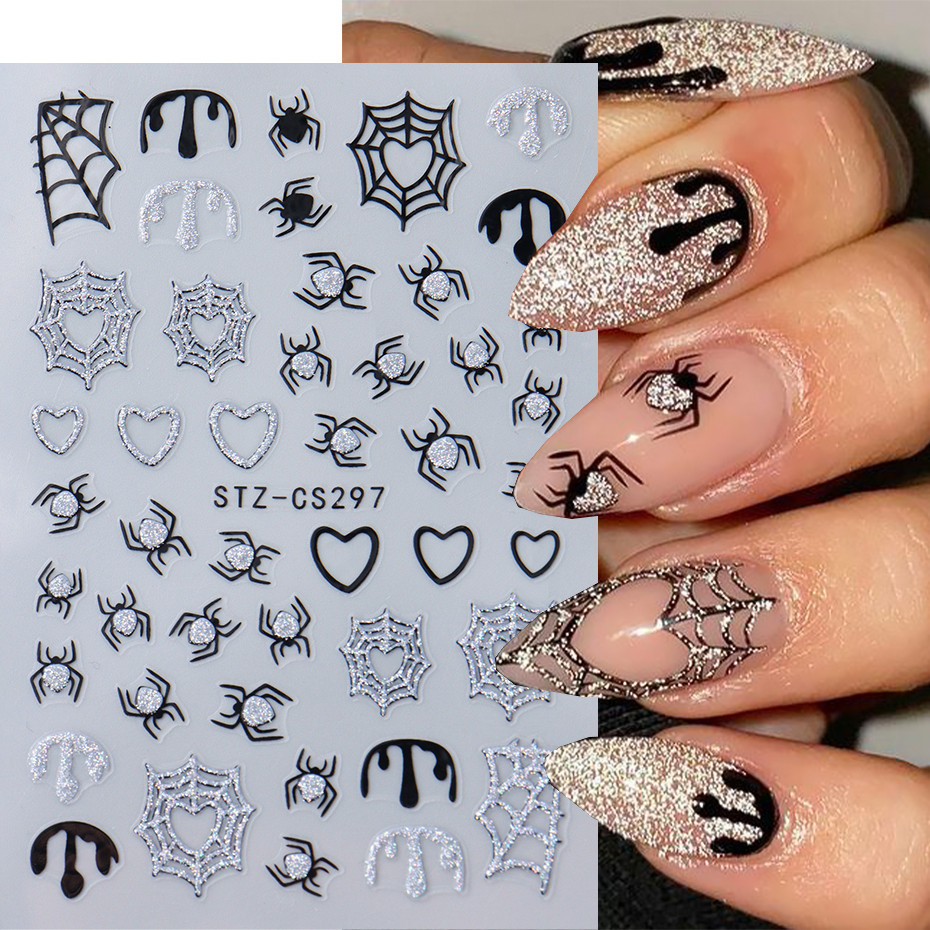 Autocolantes De Arte De Unhas Spider Web Silver Glitter Decalques Love Heart Shimmer 3D Halloween