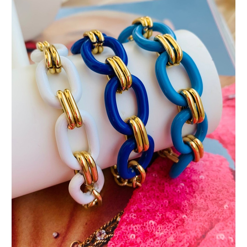 Pulseiras coloridas elo G com detalhes em dourado e prata elo duplo